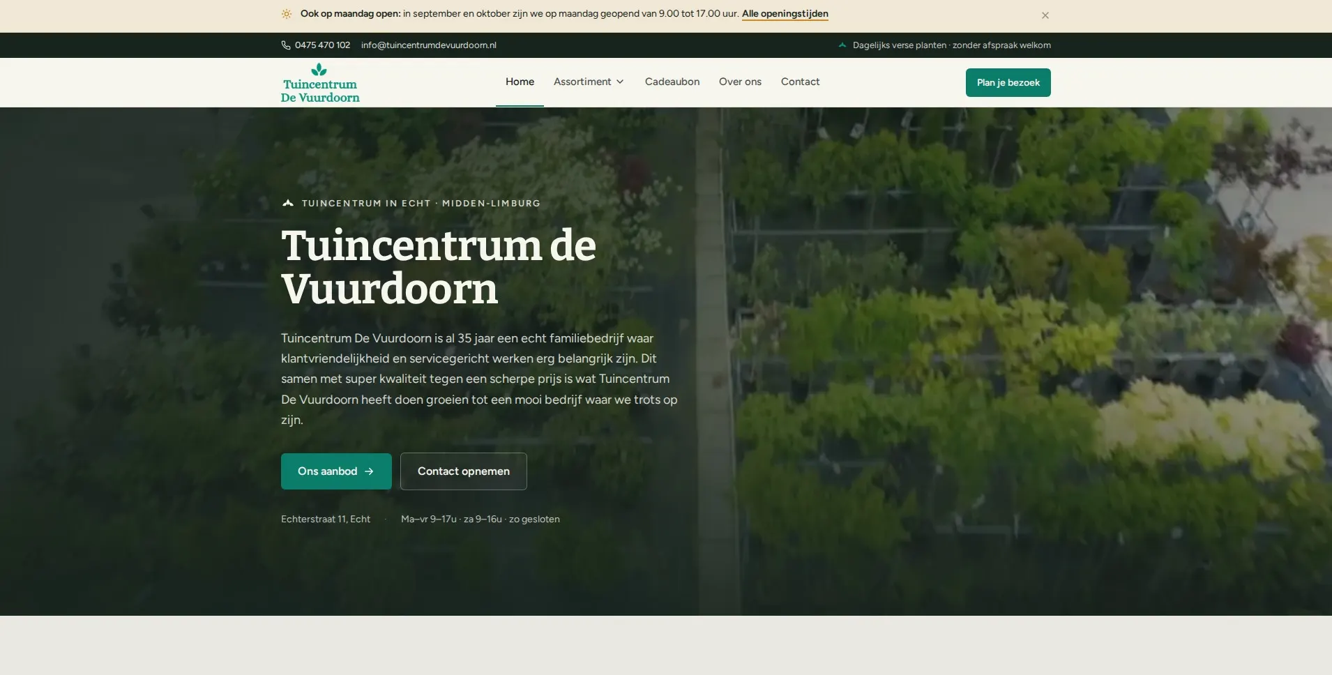 De website van Tuincentrum de Vuurdoorn, met eigen fotografie van Vimonto