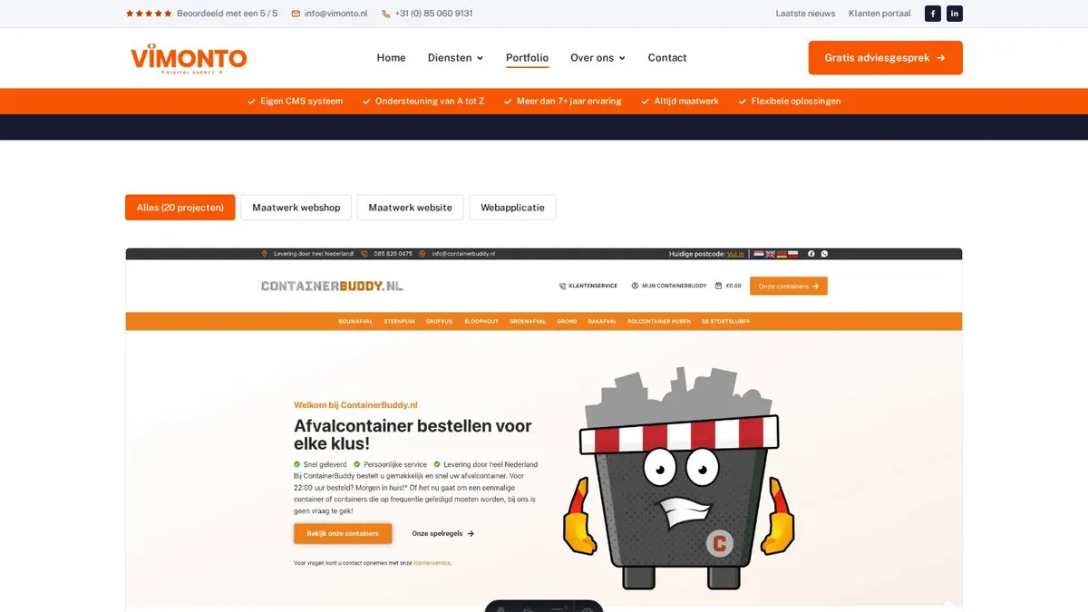 Het portfolio van Vimonto met opgeleverde websites en webshops