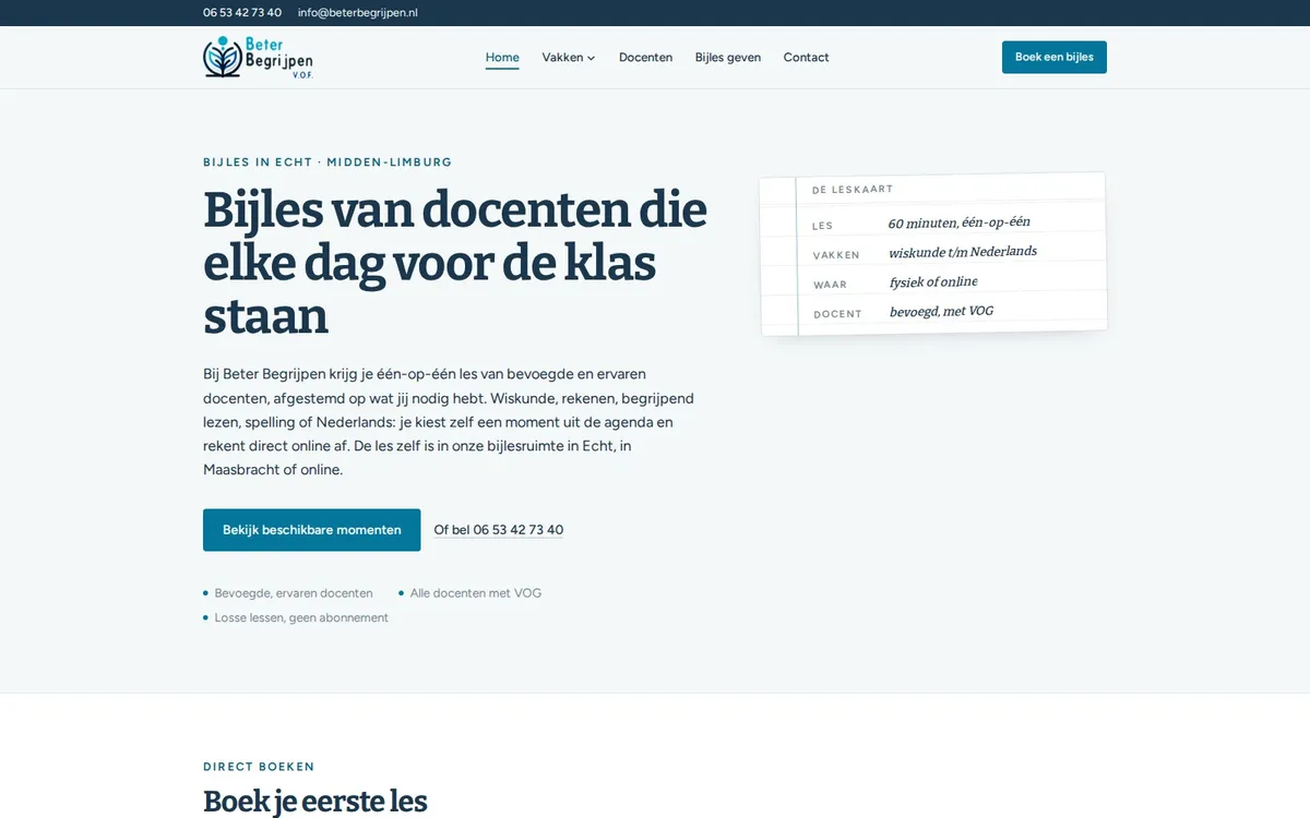 De homepage van Beter Begrijpen, gebouwd door Vimonto