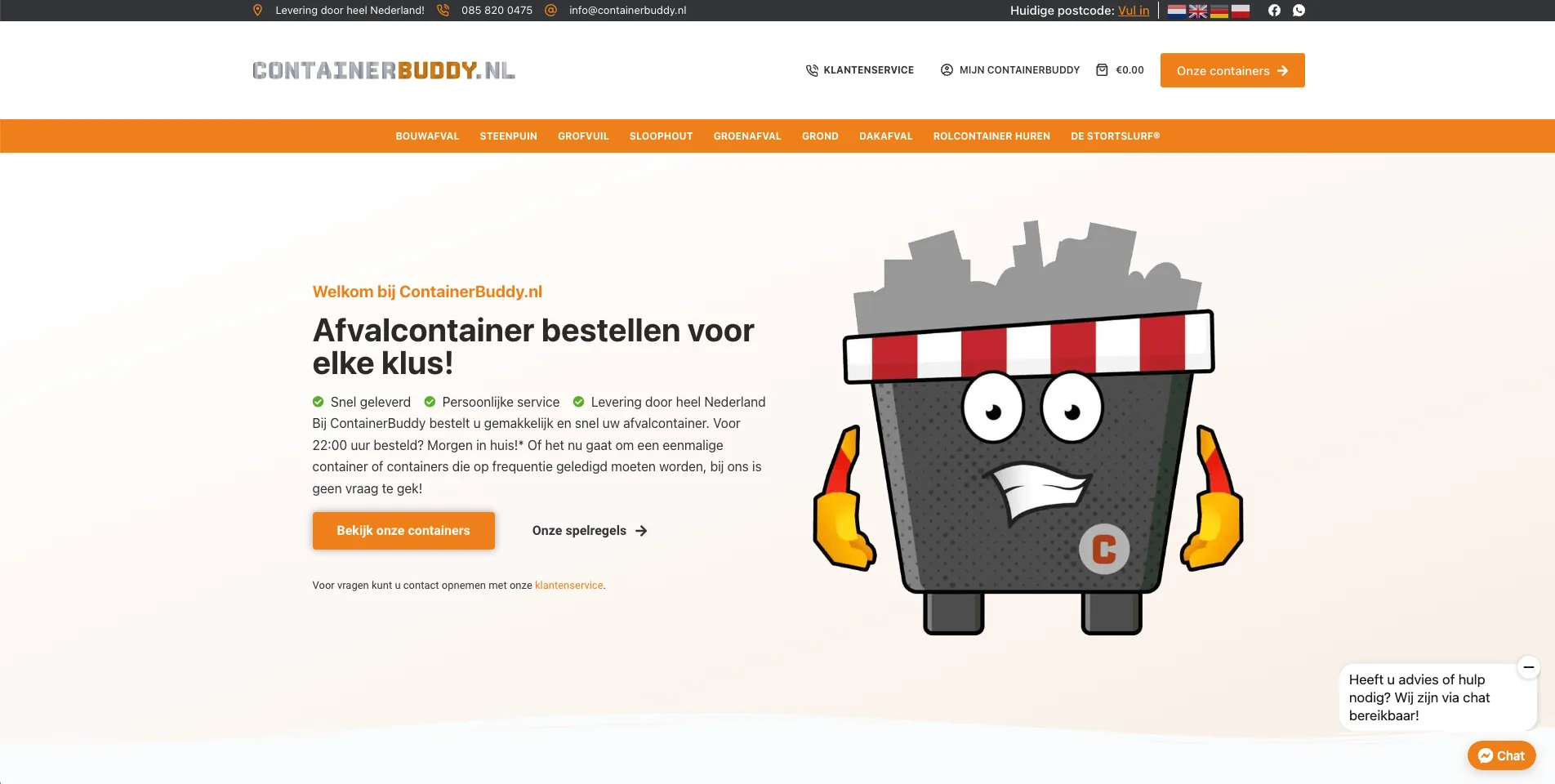 De homepage van Containerbuddy, gebouwd door Vimonto