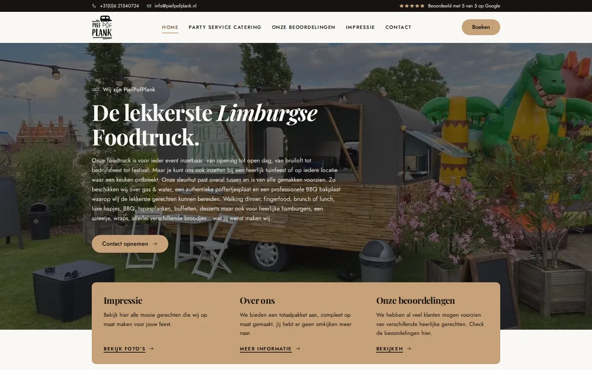 De homepage van PiefPofPlank, gebouwd door Vimonto