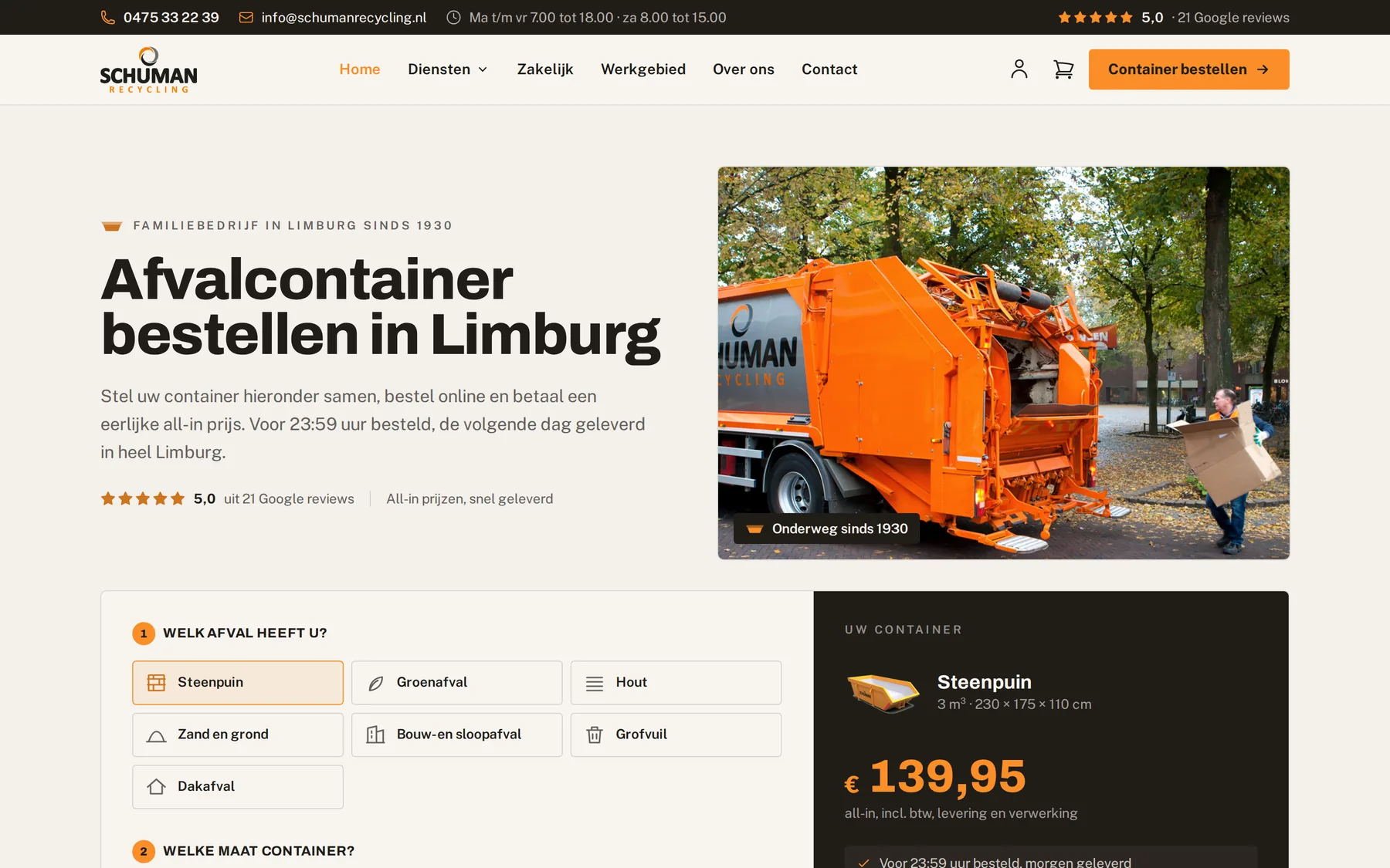 De homepage van Schuman Recycling, gebouwd door Vimonto