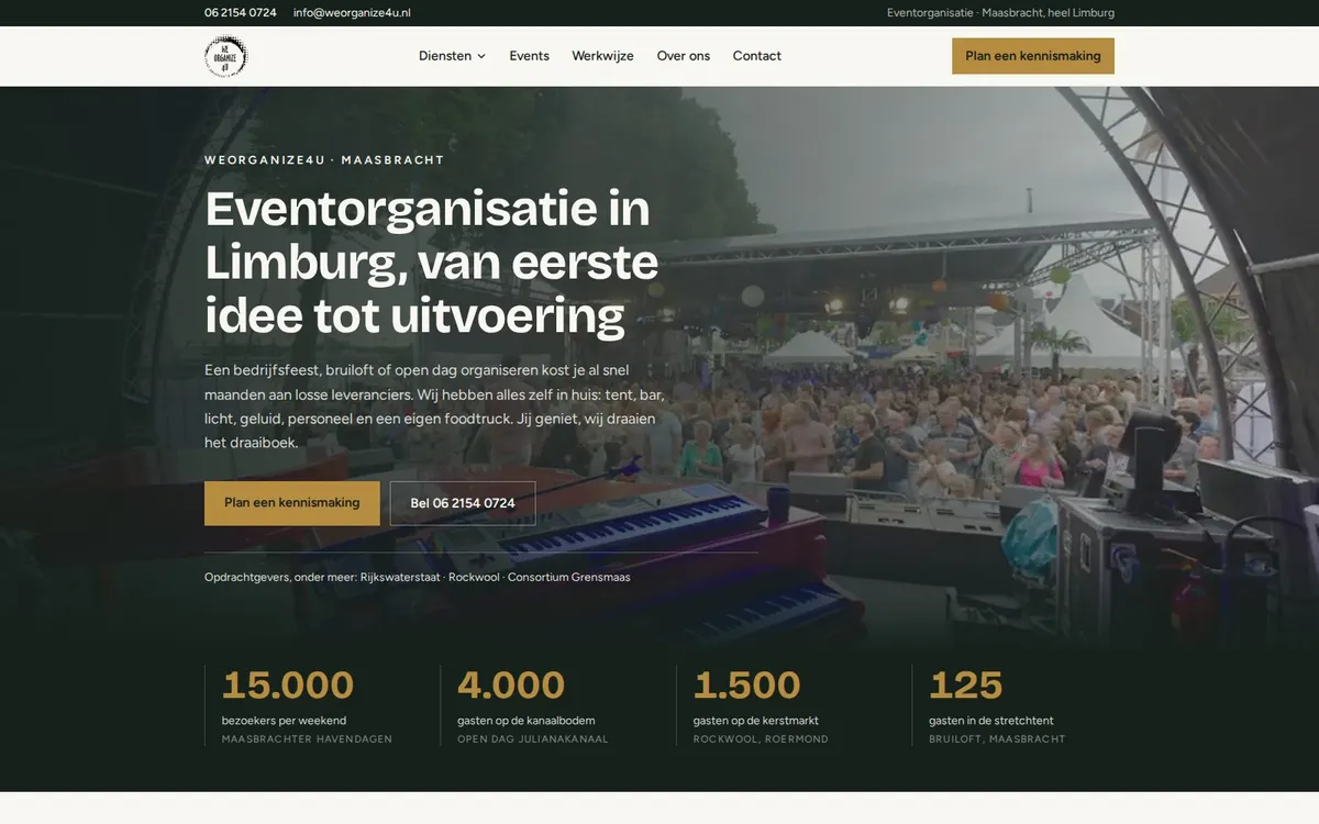 De homepage van WeOrganize4U, gebouwd door Vimonto